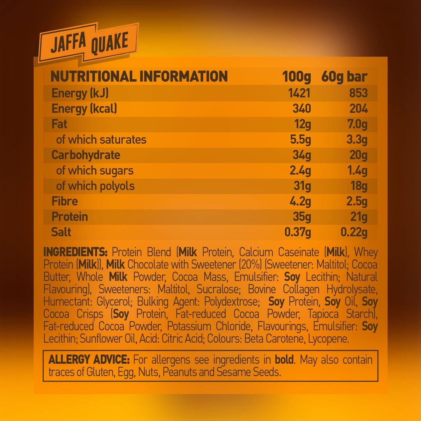 High Protein, Low Sugar Bar - Jaffa Quake, 12 X 60 G