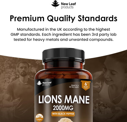 Lions Mane Mushroom 2000Mg - 365 High Strength Vegan Tablets - Lion'S Mane Supplement with Black Pepper - Lion'S Mane Mushrooms Extract (Not Powder or Capsules) Made in the UK by