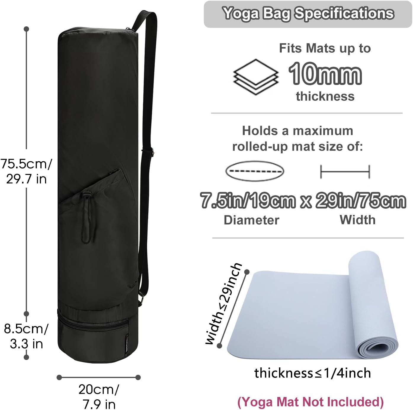 Yoga Mat Bag Large with Carrying Strap, Bottle Pocket and Wet Compartment, Long Pilates Bag with Full Zipper for Thick Mat, Patent Pending