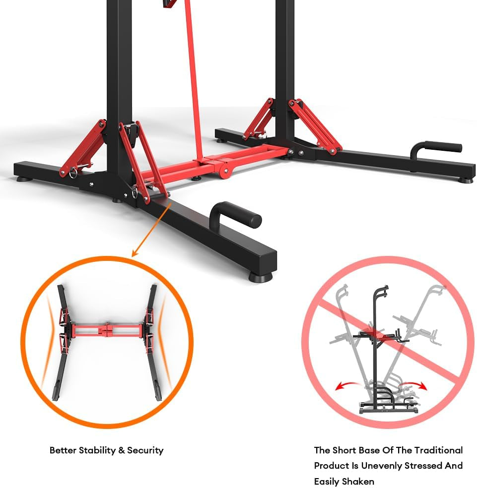 Foldable Power Tower Dip Station & Strength Tower, Height-Adjustable Multifunctional Power Station with Pull-Up Bar, Push-Up Handles, Heavy Strength Training Equipment for Gyms