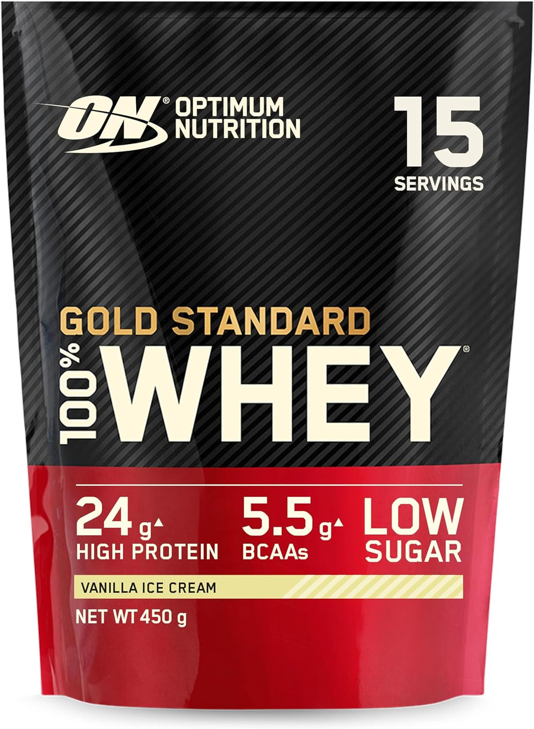 Gold Standard 100% Whey Muscle Building and Recovery Protein Powder with Naturally Occurring Glutamine and BCAA Amino Acids, Vanilla Ice Cream Flavour, 15 Servings, 450 G