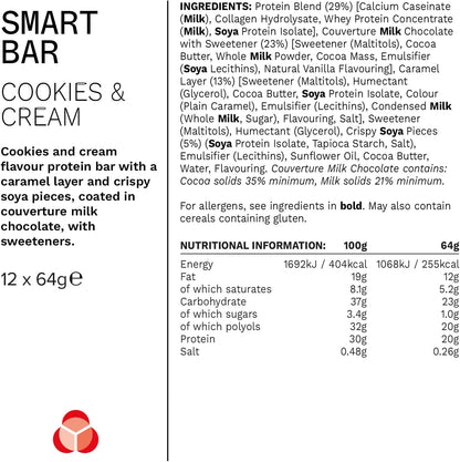 Nutrition Smart Protein Bar Low Calorie, Nutritional Protein Bars/Protein Snacks, High Protein Low Sugar, Cookies and Cream Flavour, 20G of Protein, 64G Bar (12 Pack)