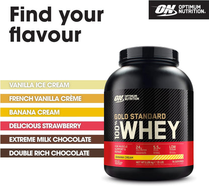Gold Standard 100% Whey Muscle Building and Recovery Protein Powder with Naturally Occurring Glutamine and BCAA Amino Acids, Banana Cream Flavour, 76 Servings, 2.28 Kg