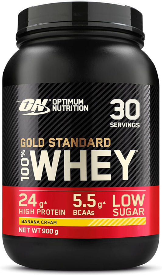 Gold Standard 100% Whey Muscle Building and Recovery Protein Powder with Naturally Occurring Glutamine and BCAA Amino Acids, Banana Cream Flavour, 30 Servings, 900 G