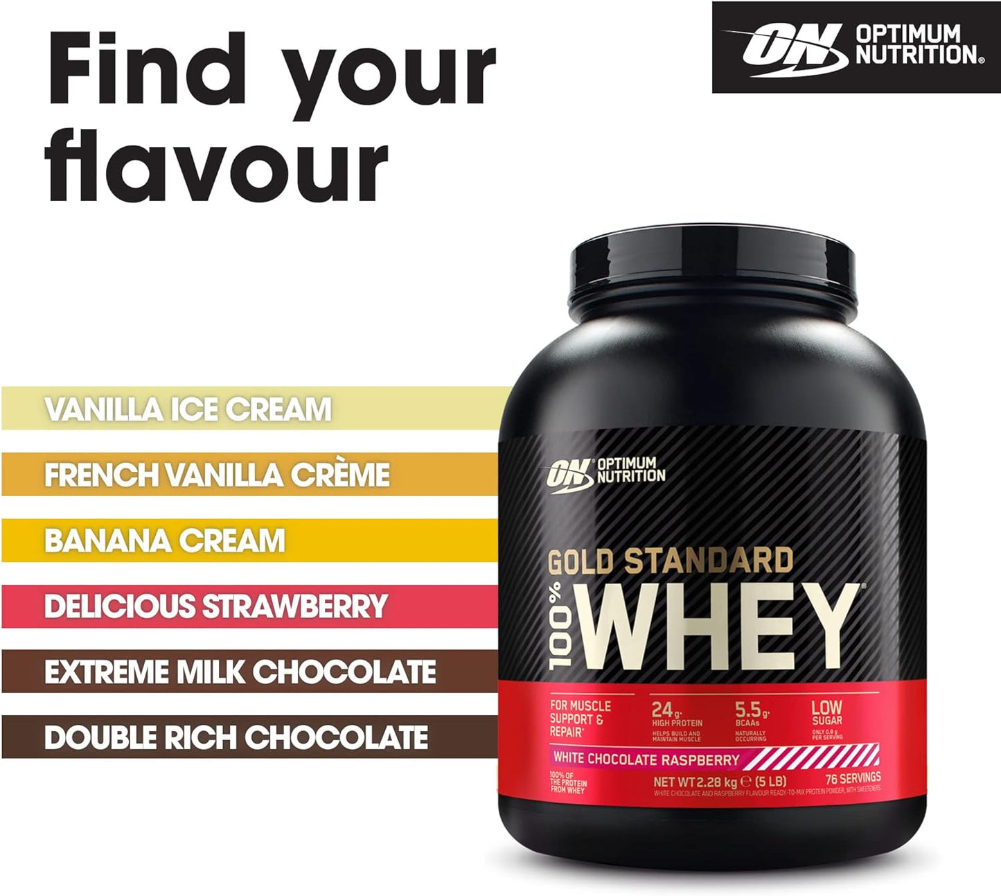 Gold Standard 100% Whey Muscle Building and Recovery Protein Powder with Naturally Occurring Glutamine and BCAA Amino Acids, White Chocolate Raspberry Flavour, 76 Servings, 2.28Kg