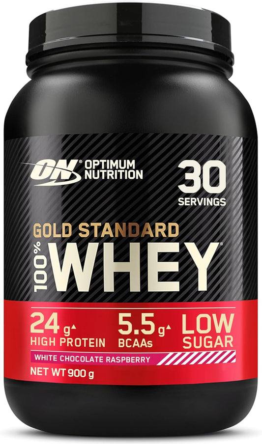 Gold Standard 100% Whey Muscle Building and Recovery Protein Powder with Naturally Occurring Glutamine and BCAA Amino Acids, White Chocolate Raspberry Flavour, 30 Servings, 900 G
