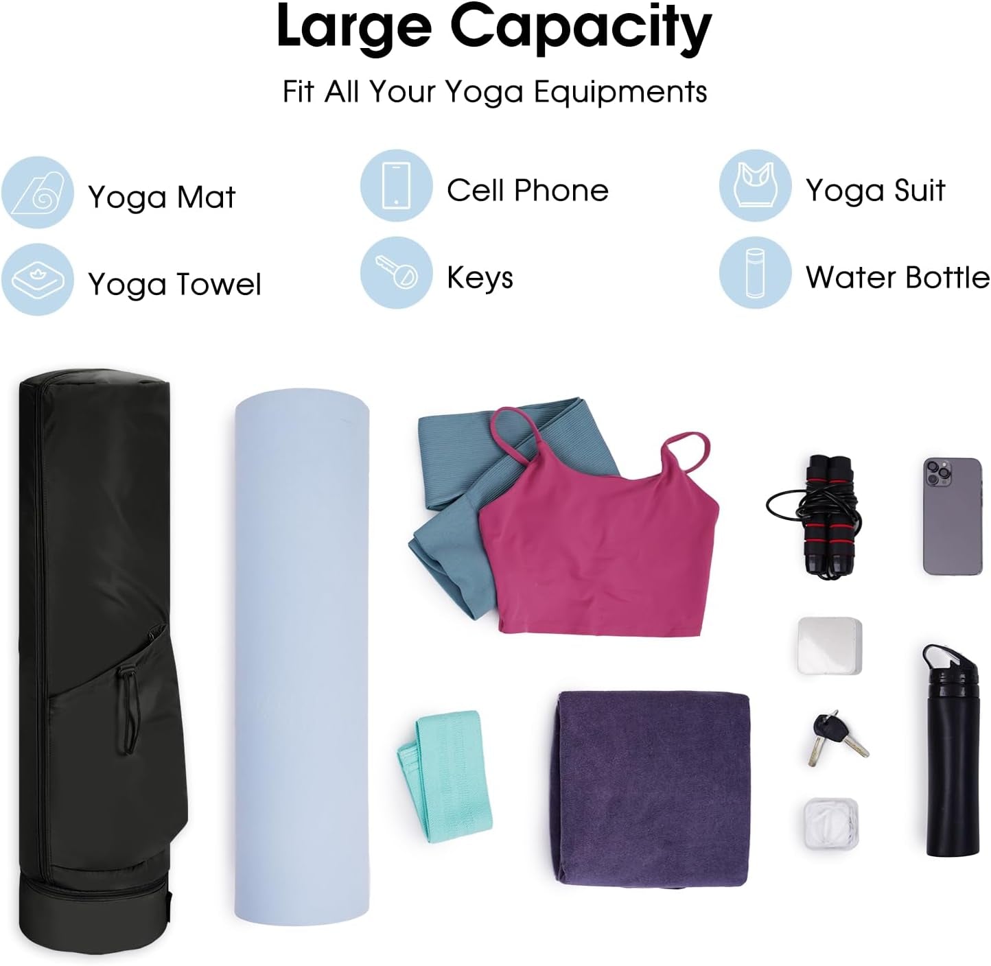 Yoga Mat Bag Large with Carrying Strap, Bottle Pocket and Wet Compartment, Long Pilates Bag with Full Zipper for Thick Mat, Patent Pending