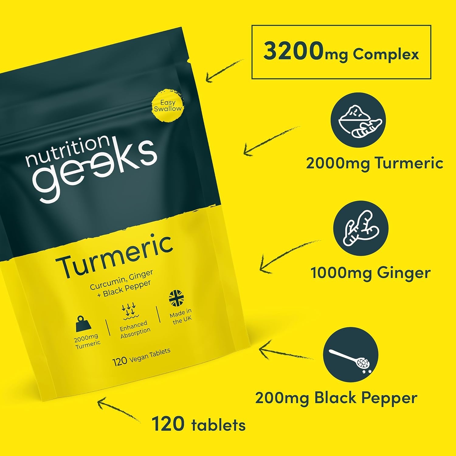 Turmeric Tablets 2000 Mg with Black Pepper & Ginger, High Strength Curcumin Supplements, Vegan and Gluten Free, UK Made, 120 Count