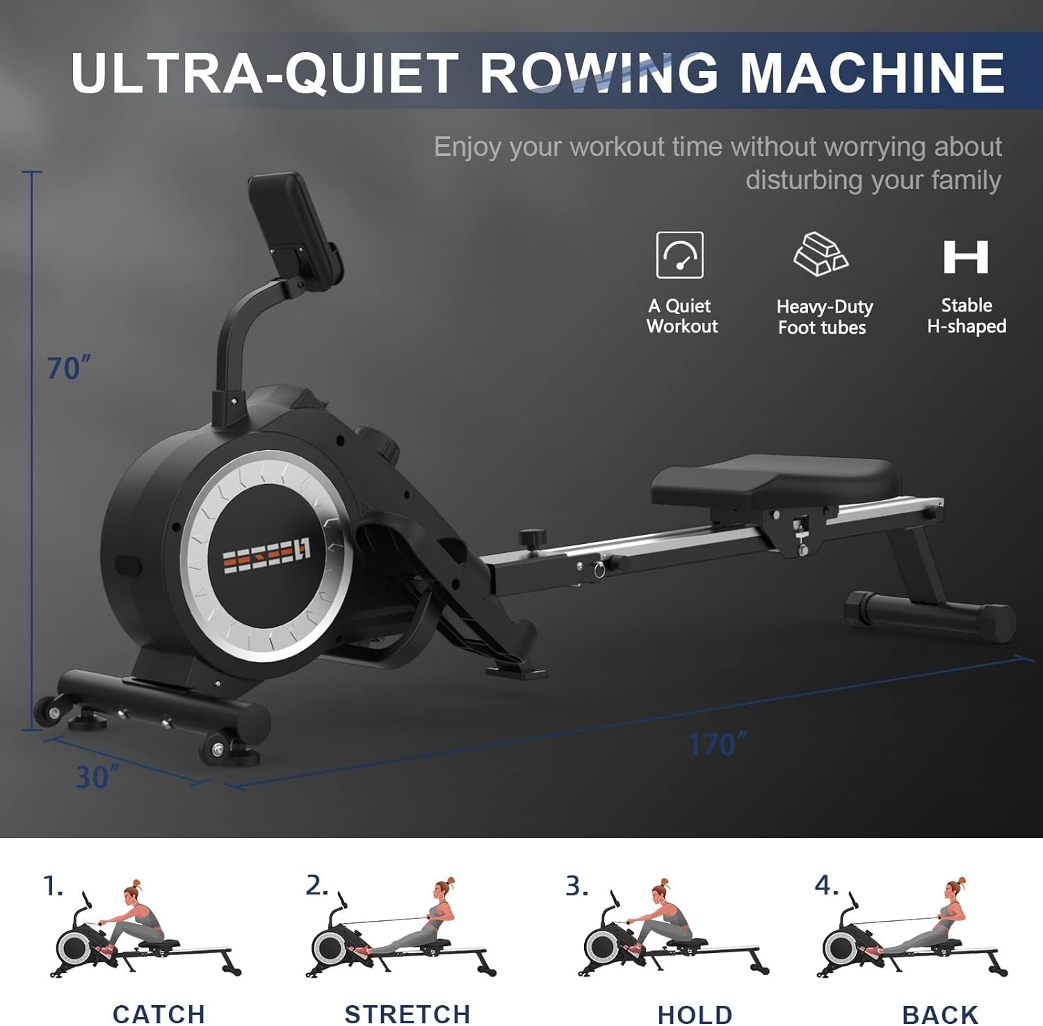 Rowing Machine - Foldable for Home Gym with LCD Monitor, 16 Level Magnetic Resistance Full-Body Workout, Upgrade Flywheel, Space Saving Design Silver-Black SNHCJ-SBN