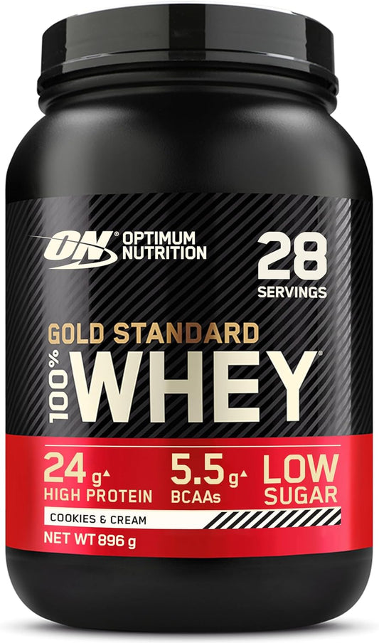 Gold Standard 100% Whey Protein, Muscle Building Powder with Naturally Occurring Glutamine and BCAA Amino Acids, Cookies and Cream Flavour, 28 Servings, 896 G