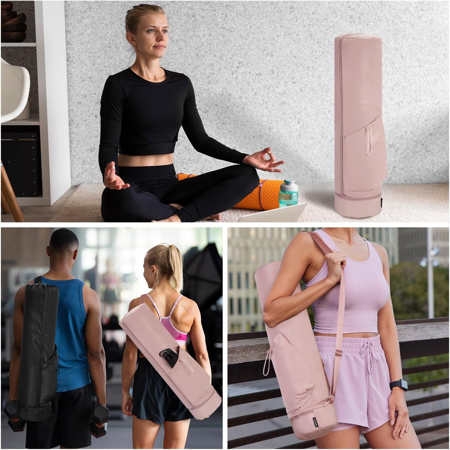 Yoga Mat Bag Large with Carrying Strap, Bottle Pocket and Wet Compartment, Long Pilates Bag with Full Zipper for Thick Mat, Patent Pending