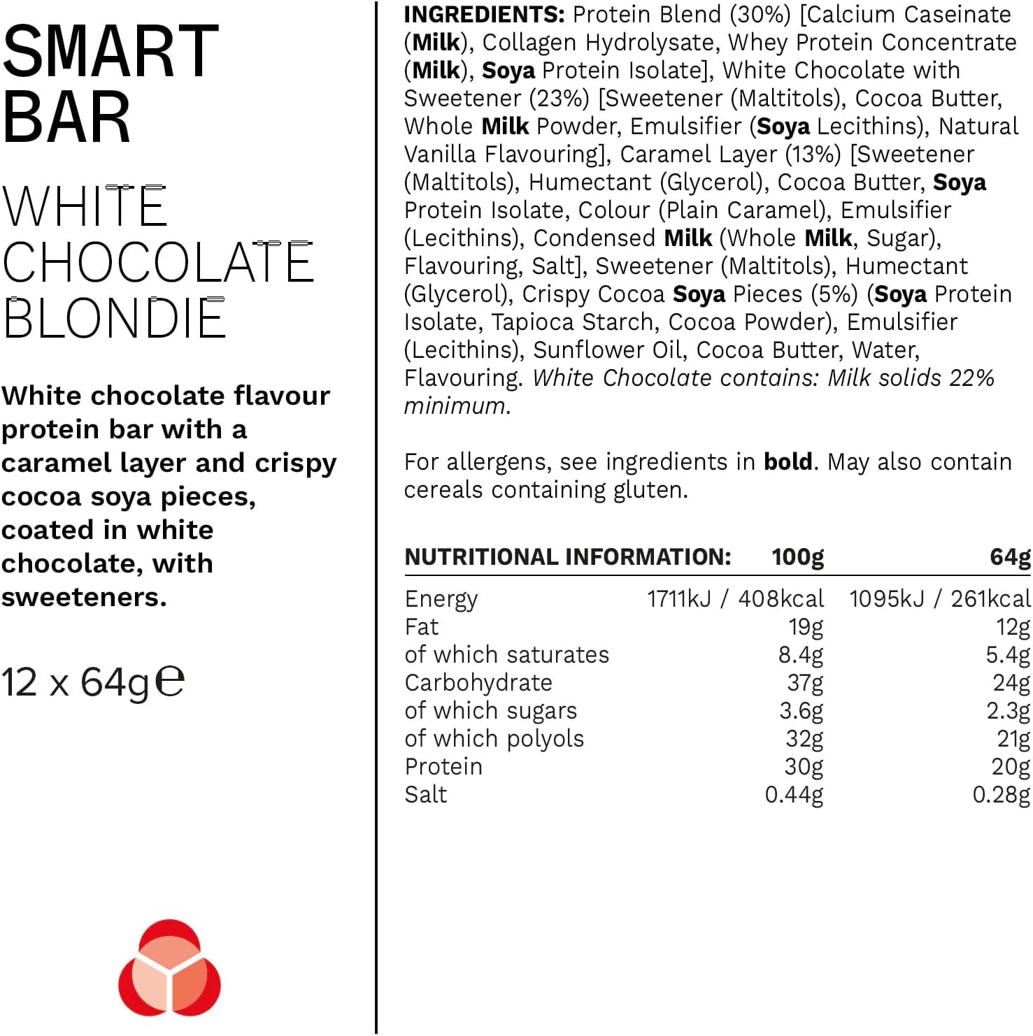 Nutrition Smart Protein Bar Low Calorie, Nutritional Protein Bars/Protein Snacks, High Protein Low Sugar, White Chocolate Blondie Flavour, 21G of Protein, 64G Bar (12 Pack)