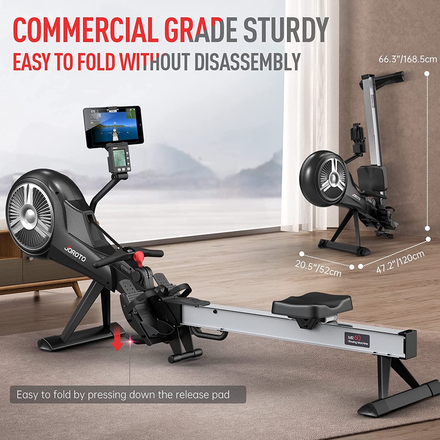 Rowing Machine - Air & Magnetic Resistance Rowing Machines for Home Use, Commercial Grade Foldable Rower Machine with Bluetooth & Smart Backlit Monitor