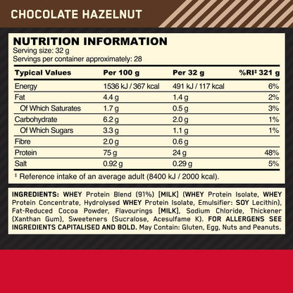 Gold Standard 100% Whey Muscle Building and Recovery Protein Powder with Naturally Occurring Glutamine and BCAA Amino Acids, Chocolate Hazelnut Flavour, 28 Servings, 896 G