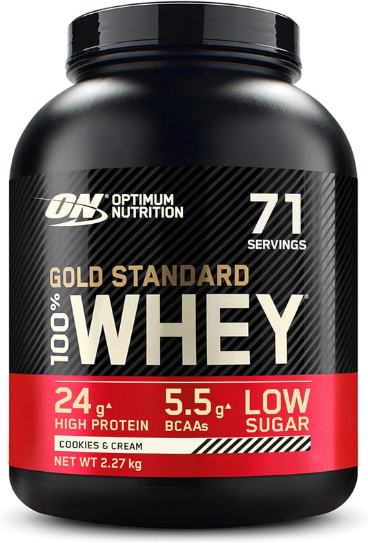 Gold Standard 100% Whey Protein, Muscle Building Powder with Naturally Occurring Glutamine and BCAA Amino Acids, Cookies and Cream Flavour, 71 Servings, 2.27 Kg