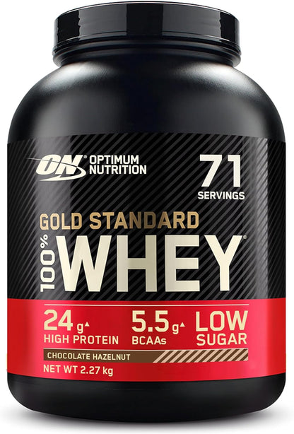 Gold Standard 100% Whey Muscle Building and Recovery Protein Powder with Naturally Occurring Glutamine and BCAA Amino Acids, Chocolate Hazelnut Flavour, 71 Servings, 2.27 Kg