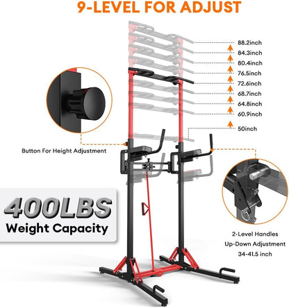 Foldable Power Tower Dip Station & Strength Tower, Height-Adjustable Multifunctional Power Station with Pull-Up Bar, Push-Up Handles, Heavy Strength Training Equipment for Gyms