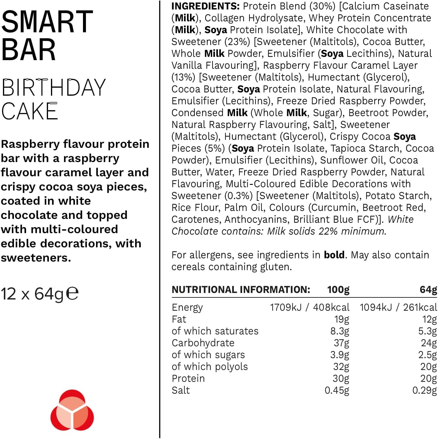 Nutrition Smart Protein Bar Low Calorie, Nutritional Protein Bars/Protein Snacks, High Protein Low Sugar, Birthday Cake Flavour, 20G of Protein, 64G Bar (12 Pack)