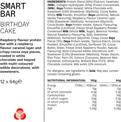 Nutrition Smart Protein Bar Low Calorie, Nutritional Protein Bars/Protein Snacks, High Protein Low Sugar, Birthday Cake Flavour, 20G of Protein, 64G Bar (12 Pack)