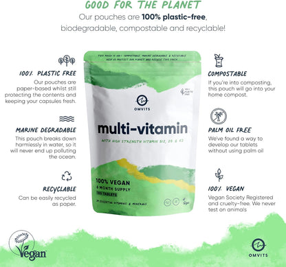 Vegan Multivitamins & Minerals - with High Strength Vitamin B12, D3, K2 & Iron - 180 Tablets in 100% Plastic-Free Packaging - 6 Month Supply - Advanced Supplement for Men & Women - Palm Oil & GMO Free