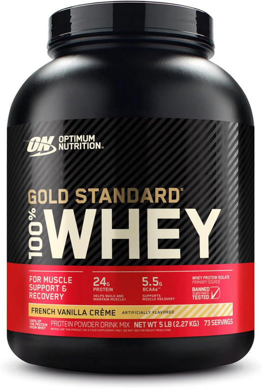 Gold Standard 100% Whey Muscle Building and Recovery Protein Powder with Naturally Occurring Glutamine and BCAA Amino Acids, French Vanilla Crème Flavour, 76 Servings, 2.28 Kg