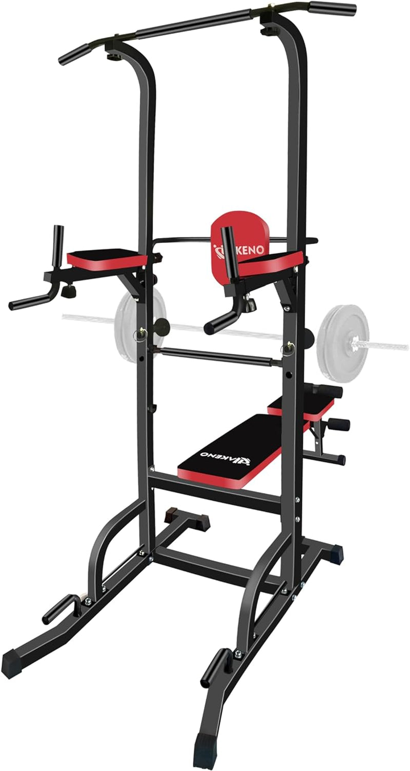 Multifunction Power Tower with Bench Pull up Bar Dip Station for Home Gym Squat Rack Adjustable Workout Strength Training Home Fitness Equipment 440LB