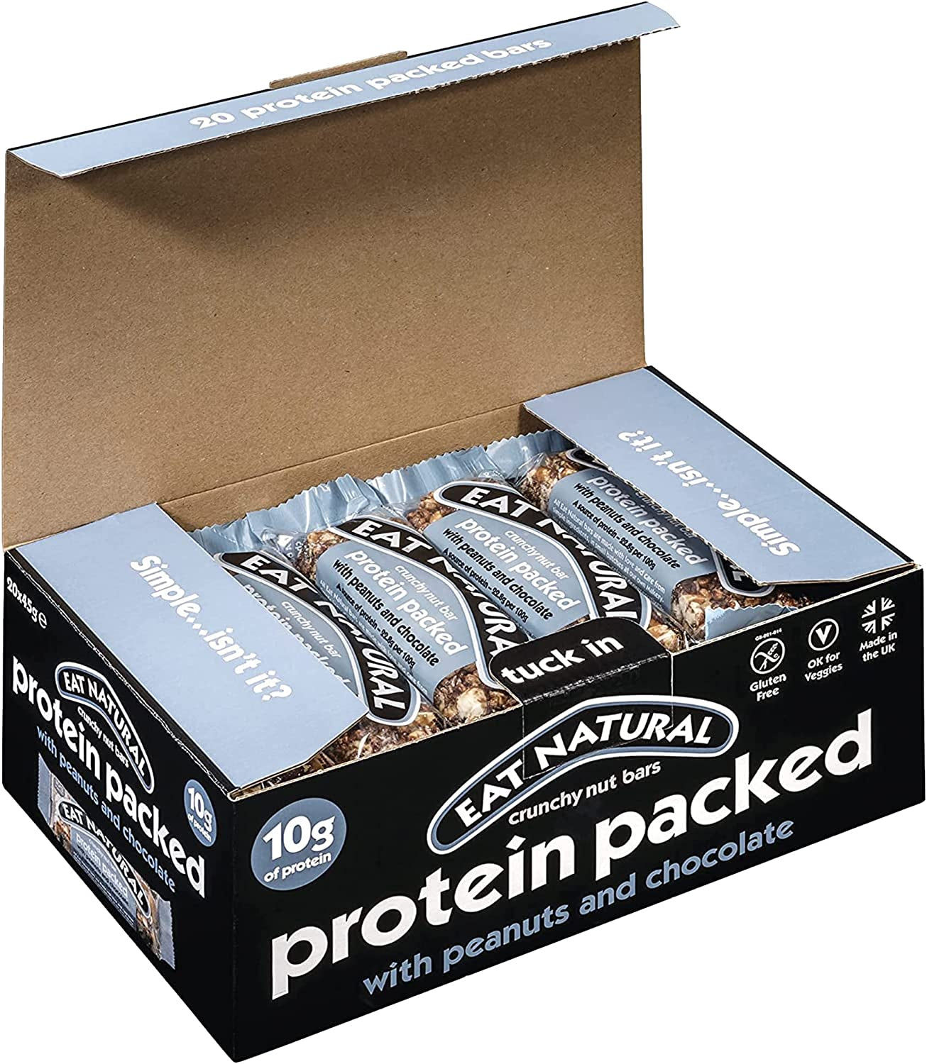 Protein Bars, Protein Packed Peanuts & Chocolate Nut Bar — 20 X 45G Snack Bars, Gluten Free Cereal Bars — Seriously Crunchy Snacks with Soya Crispies, Shredded Coconut