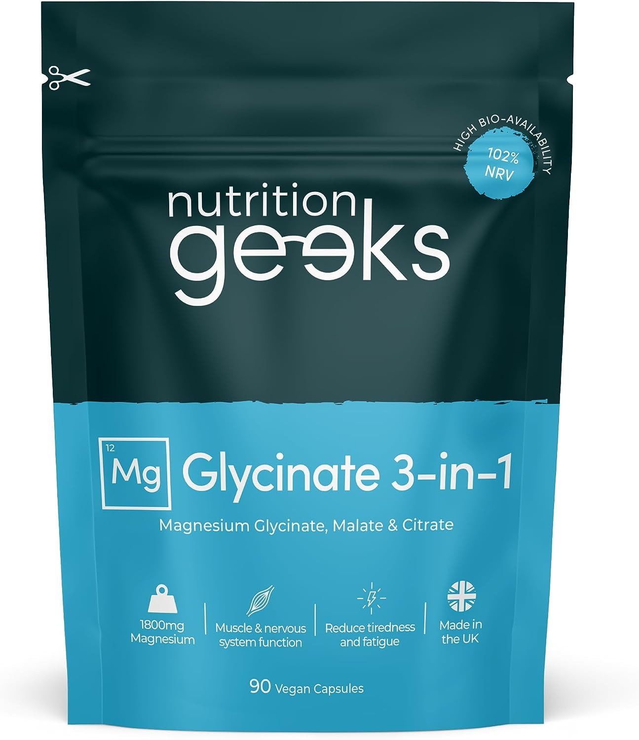 Magnesium Glycinate 3-In-1 Complex - 1800Mg Supplements as Bisglycinate, Citrate & Malate 90 Vegan Capsules, Triple High Absorption 384Mg Elemental, UK Made