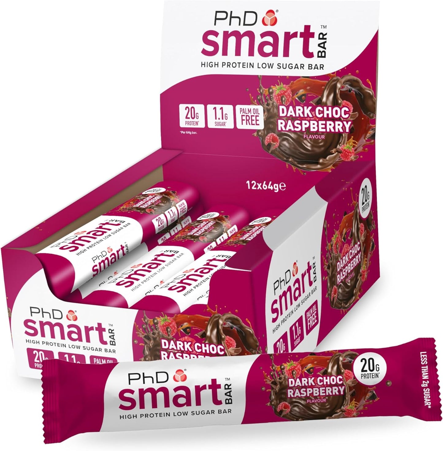 Smart Hight Protein Bar Low Sugar, Nutritional Protein Bars/Protein Snacks, Chocolate Raspberry Flavour, 20G of Protein, 64G Bar (12 Pack)