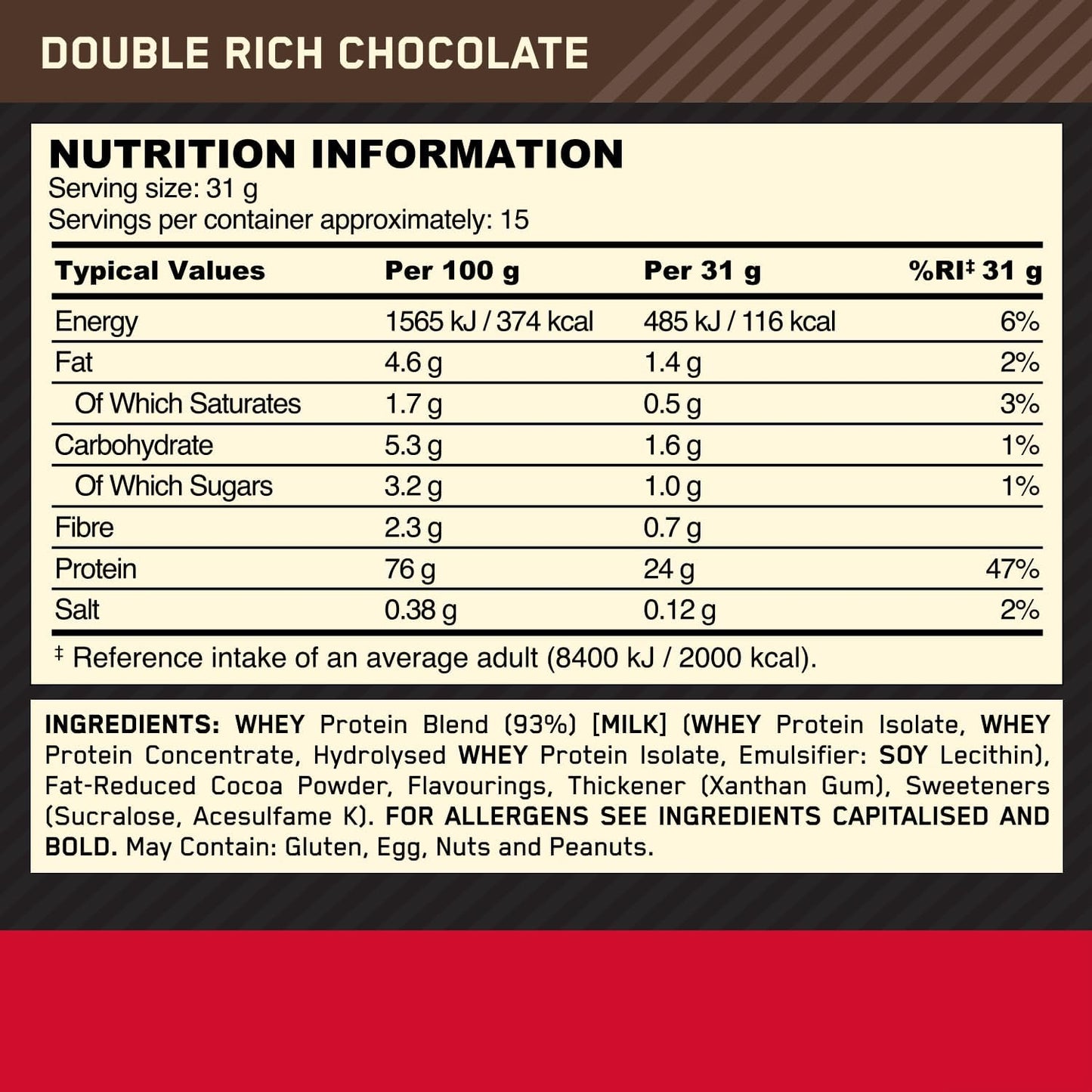 Gold Standard 100% Whey Muscle Building and Recovery Protein Powder with Naturally Occurring Glutamine and BCAA Amino Acids, Double Rich Chocolate Flavour, 15 Servings, 465 G