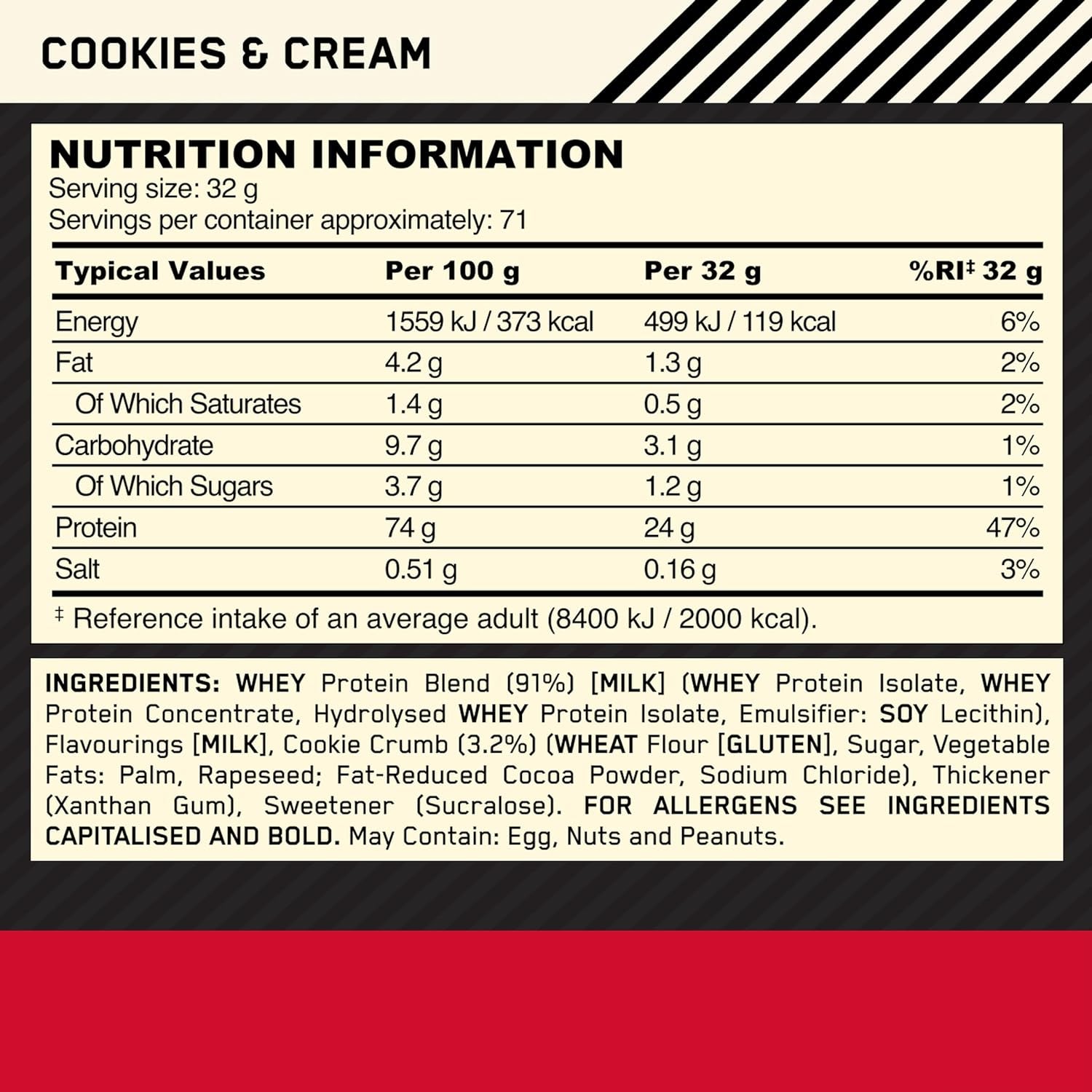 Gold Standard 100% Whey Protein, Muscle Building Powder with Naturally Occurring Glutamine and BCAA Amino Acids, Cookies and Cream Flavour, 71 Servings, 2.27 Kg