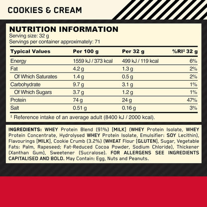 Gold Standard 100% Whey Protein, Muscle Building Powder with Naturally Occurring Glutamine and BCAA Amino Acids, Cookies and Cream Flavour, 71 Servings, 2.27 Kg