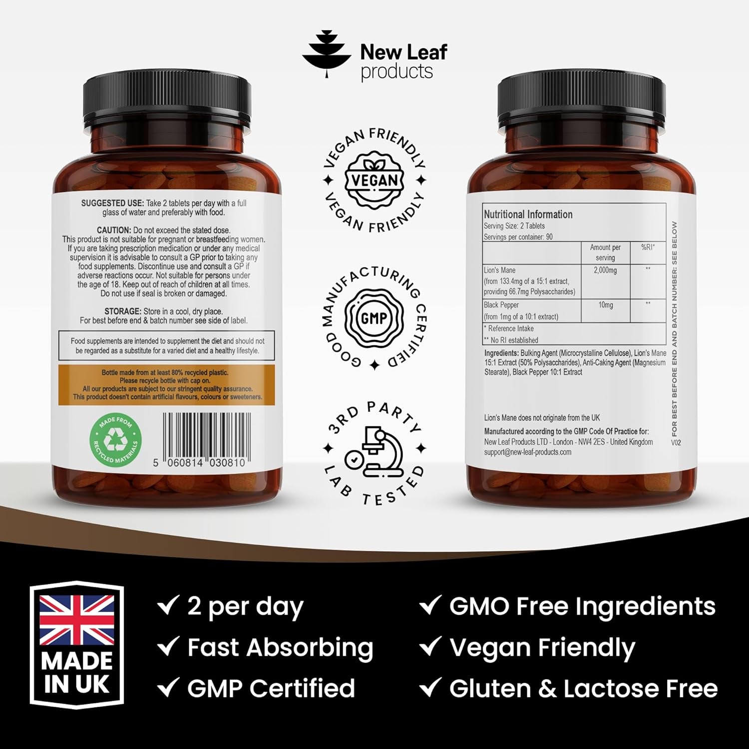 Lions Mane Mushroom Extract Supplement 2000Mg - 180 High Strength Vegan Tablets with Black Pepper - (Not Powder or Capsules) Made in the UK by