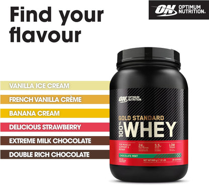 Gold Standard 100% Whey Muscle Building and Recovery Protein Powder with Naturally Occurring Glutamine and BCAA Amino Acids, Chocolate Mint Flavour, 29 Servings, 899 G