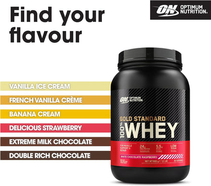 Gold Standard 100% Whey Muscle Building and Recovery Protein Powder with Naturally Occurring Glutamine and BCAA Amino Acids, White Chocolate Raspberry Flavour, 30 Servings, 900 G