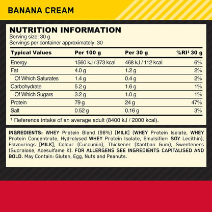 Gold Standard 100% Whey Muscle Building and Recovery Protein Powder with Naturally Occurring Glutamine and BCAA Amino Acids, Banana Cream Flavour, 30 Servings, 900 G