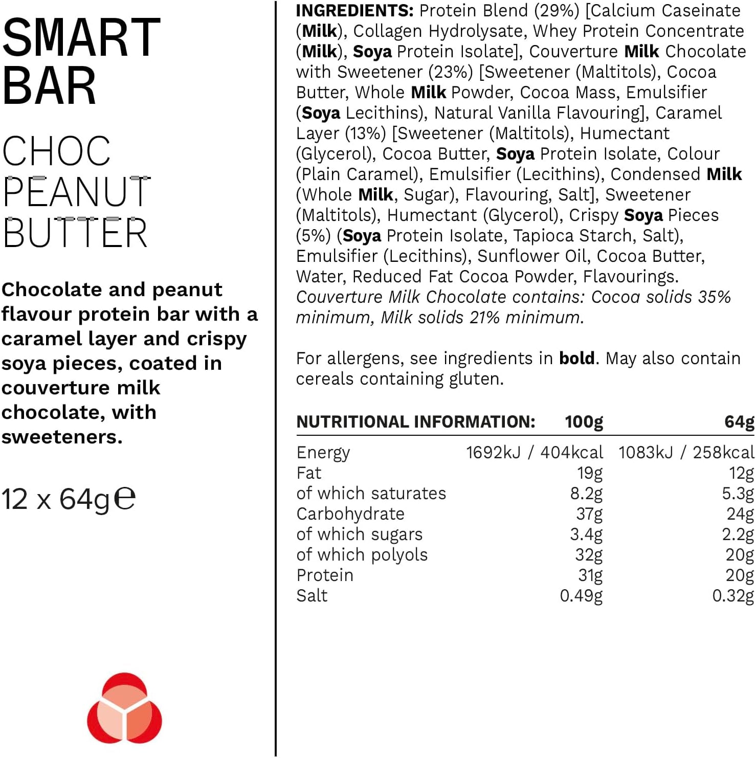 Nutrition Smart Protein Bar Low Calorie, Nutritional Protein Bars/Protein Snacks, High Protein Low Sugar, Chocolate Peanut Butter Flavour, 20G of Protein, 64G Bar (12 Pack)