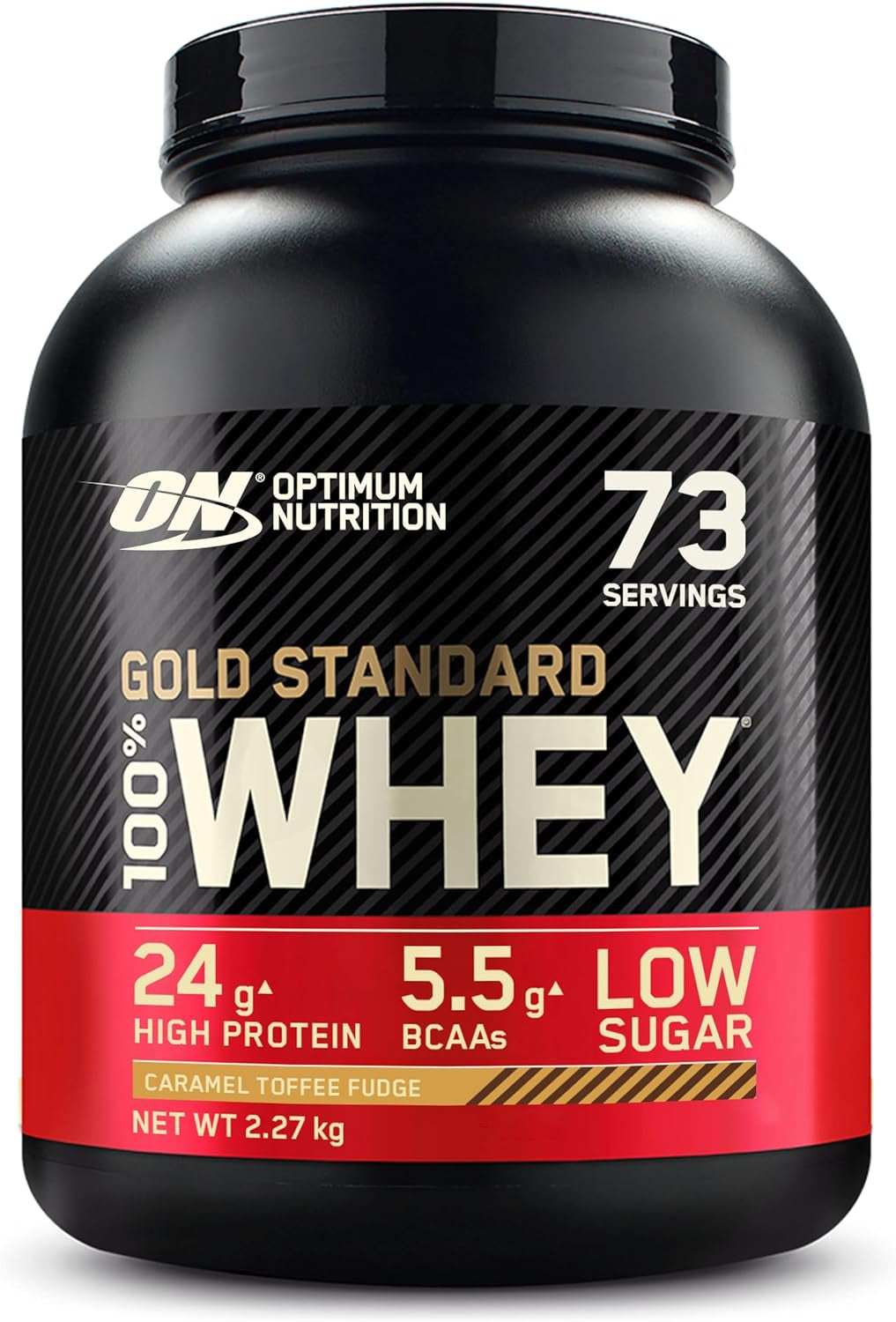 Gold Standard 100% Whey Muscle Building and Recovery Protein Powder with Naturally Occurring Glutamine and BCAA Amino Acids, Caramel Toffee Fudge Flavour, 73 Servings, 2.27 Kg