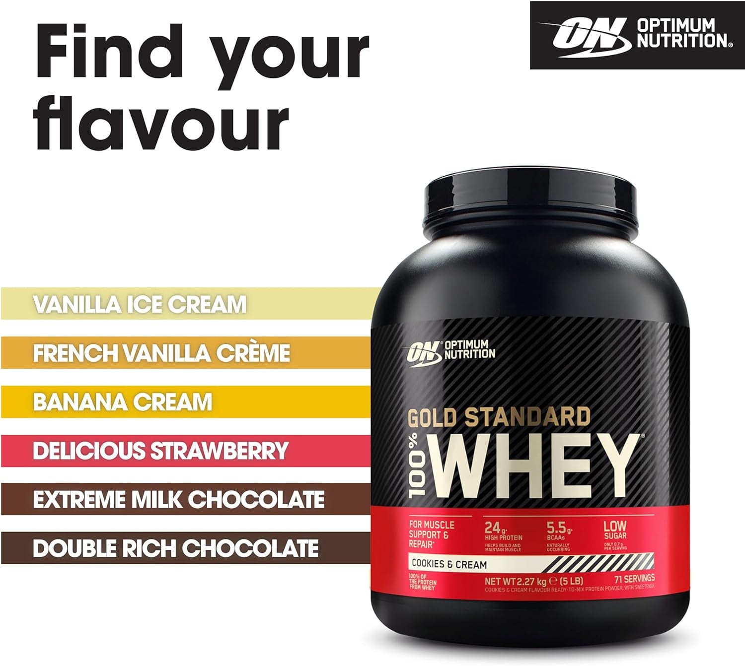 Gold Standard 100% Whey Protein, Muscle Building Powder with Naturally Occurring Glutamine and BCAA Amino Acids, Cookies and Cream Flavour, 71 Servings, 2.27 Kg