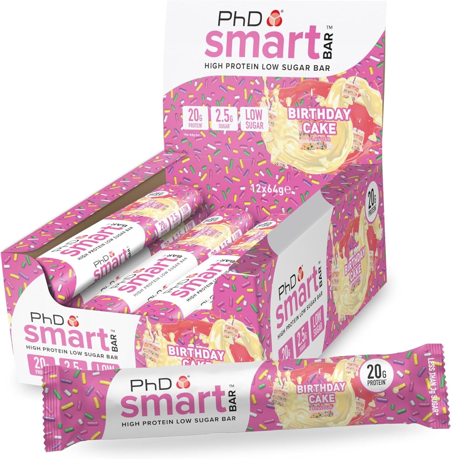 Nutrition Smart Protein Bar Low Calorie, Nutritional Protein Bars/Protein Snacks, High Protein Low Sugar, Birthday Cake Flavour, 20G of Protein, 64G Bar (12 Pack)