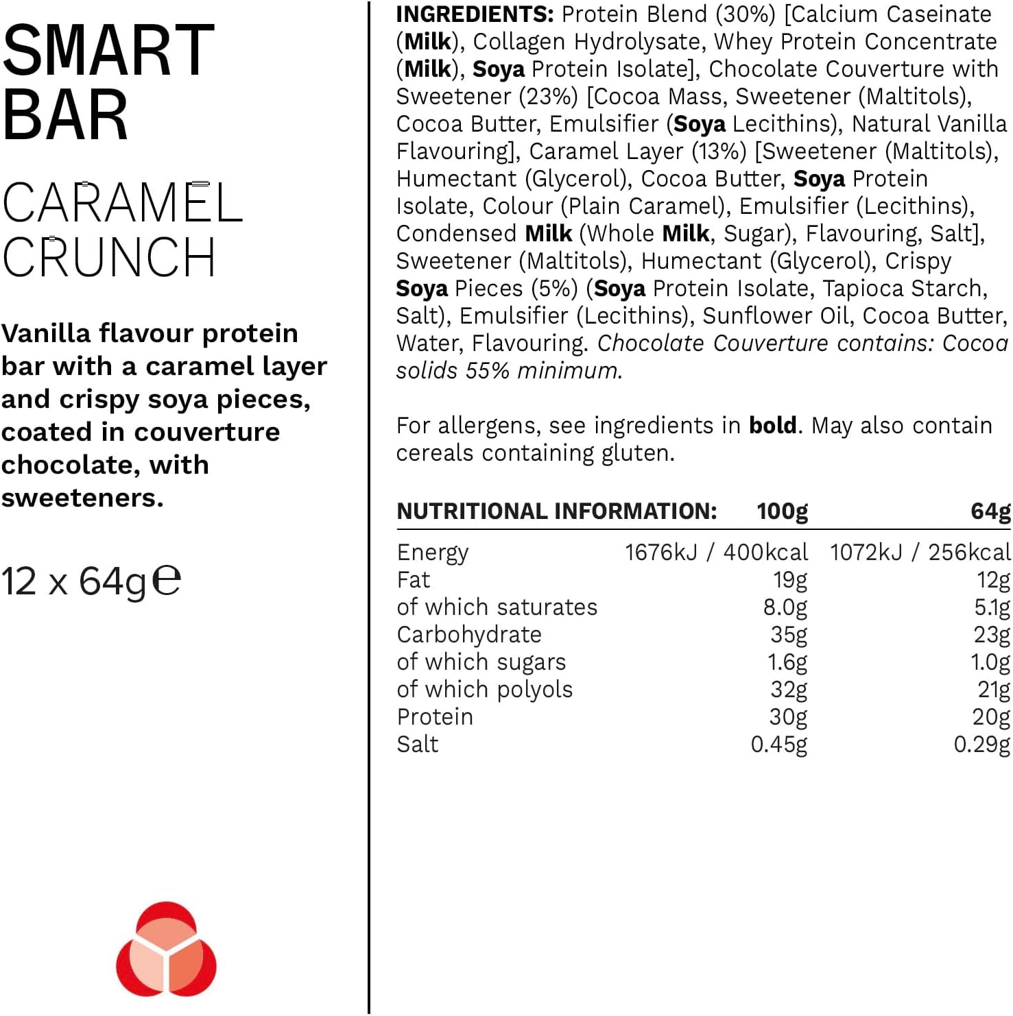 Nutrition Smart Protein Bar Low Calorie, Nutritional Protein Bars/Protein Snacks, High Protein Low Sugar, Caramel Crunch Flavour, 20G of Protein, 64G Bar (12 Pack)