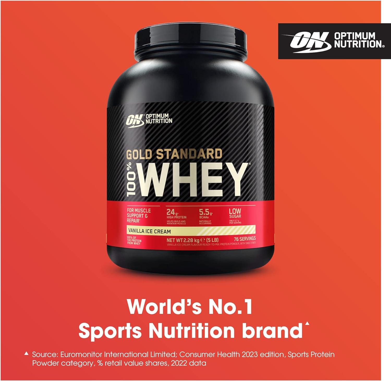 Gold Standard 100% Whey Muscle Building and Recovery Protein Powder with Naturally Occurring Glutamine and BCAA Amino Acids, Vanilla Ice Cream Flavour, 76 Servings, 2.28 Kg