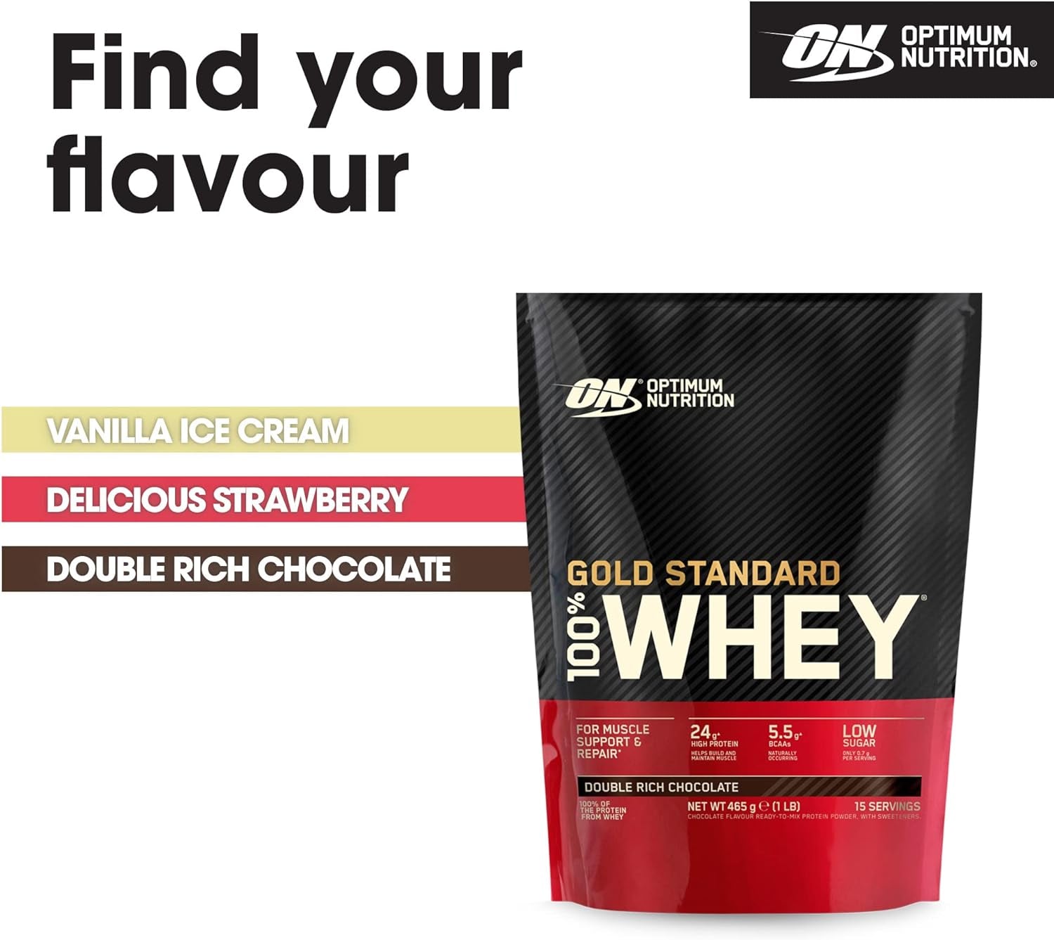 Gold Standard 100% Whey Muscle Building and Recovery Protein Powder with Naturally Occurring Glutamine and BCAA Amino Acids, Double Rich Chocolate Flavour, 15 Servings, 465 G