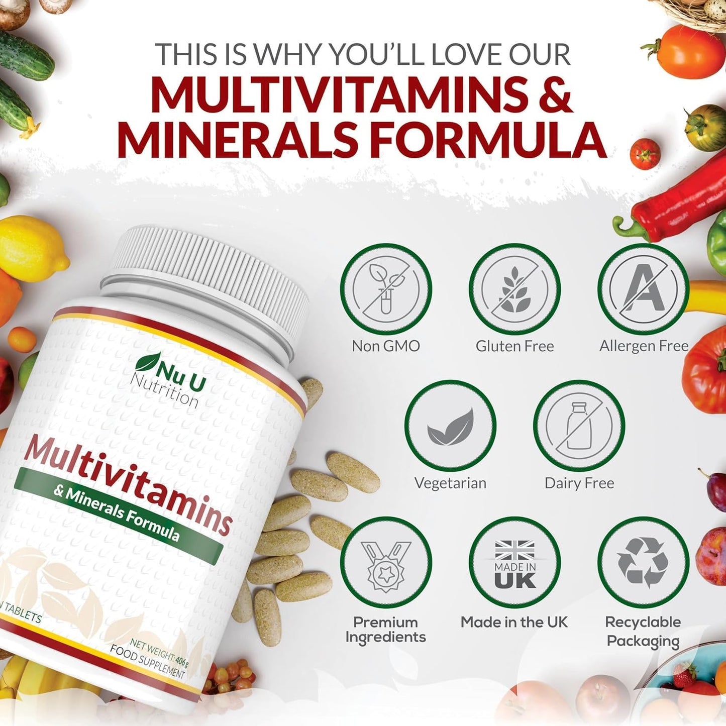 Multivitamin Tablets for Men & Women - 365 Tablets - 1 Year Supply - 25 A-Z Multivitamins & Minerals Including Iron, Zinc & Vitamin D - One a Day - Made in the UK