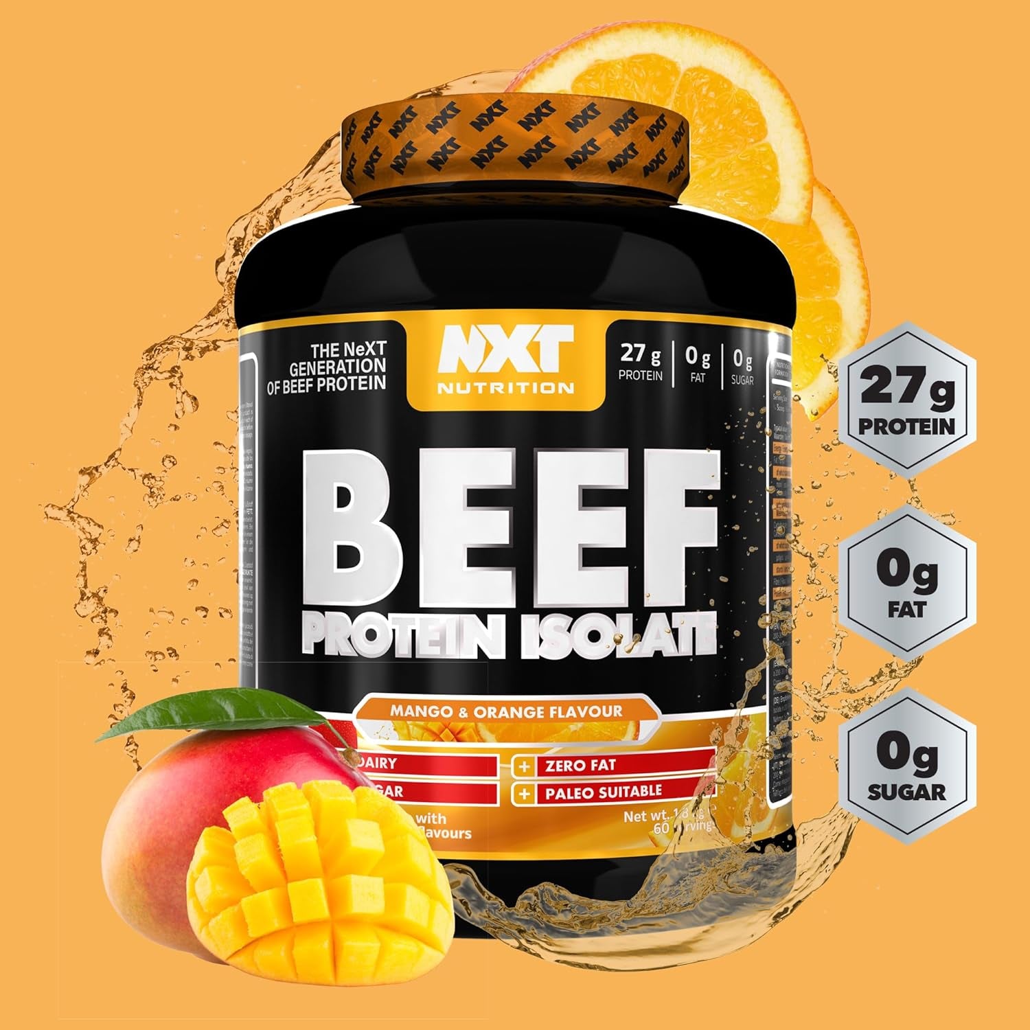 Beef Protein Isolate Powder - Protein Powder High in Natural Amino Acids - Paleo, Keto Friendly - Dairy and Gluten Free - Muscle Recovery | 1.8Kg (Mango & Orange)