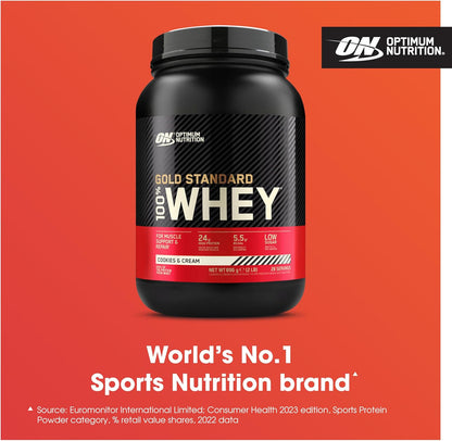 Gold Standard 100% Whey Protein, Muscle Building Powder with Naturally Occurring Glutamine and BCAA Amino Acids, Cookies and Cream Flavour, 28 Servings, 896 G