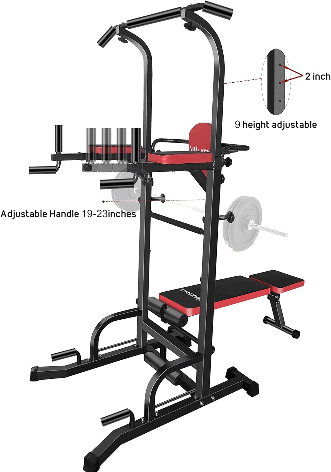 Multifunction Power Tower with Bench Pull up Bar Dip Station for Home Gym Squat Rack Adjustable Workout Strength Training Home Fitness Equipment 440LB