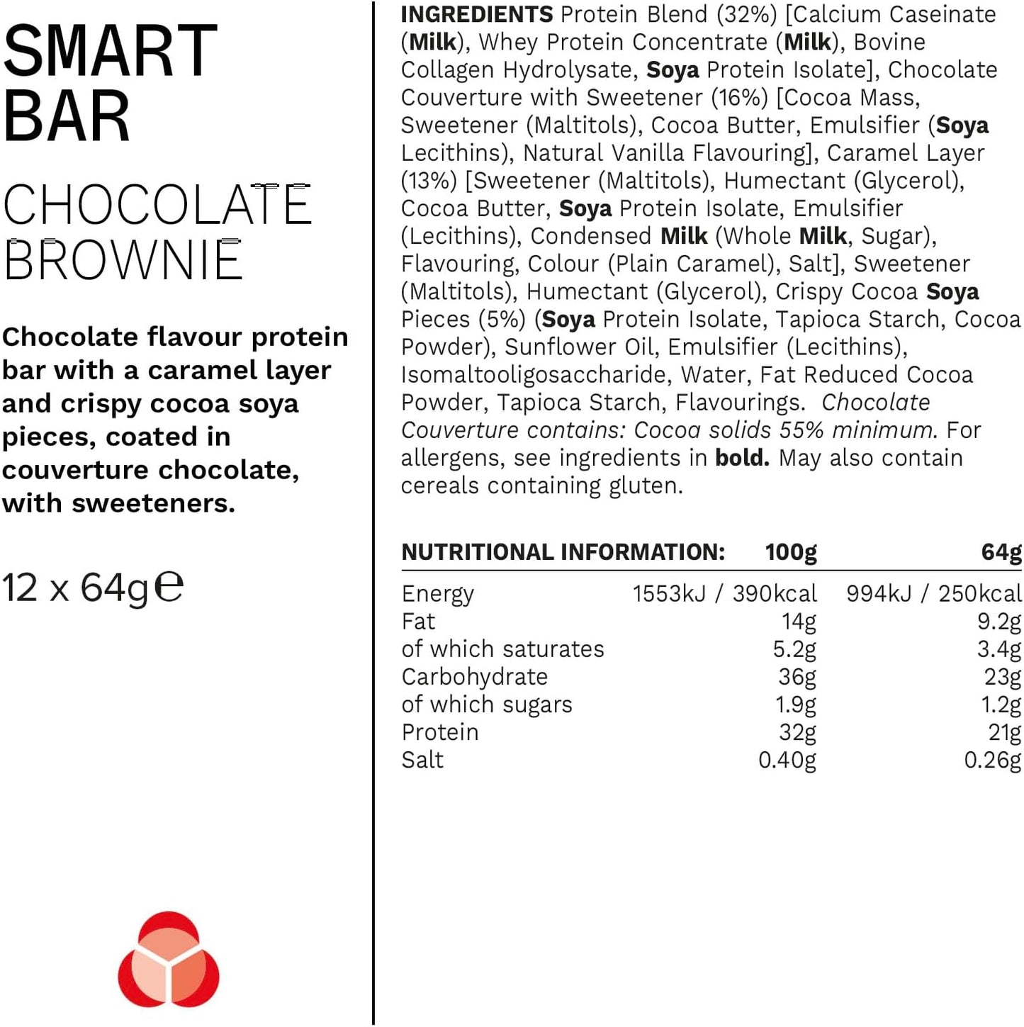 Nutrition Smart Protein Bar Low Calorie, Nutritional Protein Bars/Protein Snacks, High Protein Low Sugar, Chocolate Brownie Flavour, 20G of Protein, 64G Bar (12 Pack)