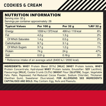 Gold Standard 100% Whey Protein, Muscle Building Powder with Naturally Occurring Glutamine and BCAA Amino Acids, Cookies and Cream Flavour, 28 Servings, 896 G