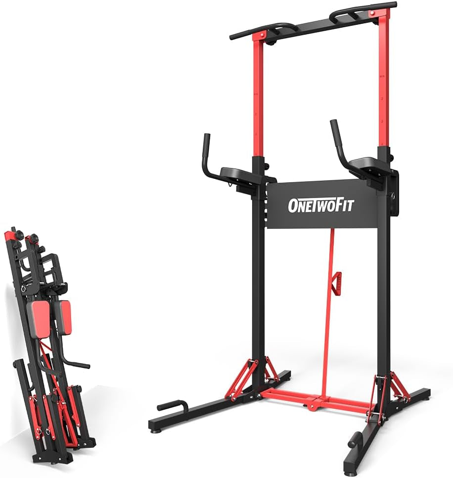 Foldable Power Tower Dip Station & Strength Tower, Height-Adjustable Multifunctional Power Station with Pull-Up Bar, Push-Up Handles, Heavy Strength Training Equipment for Gyms